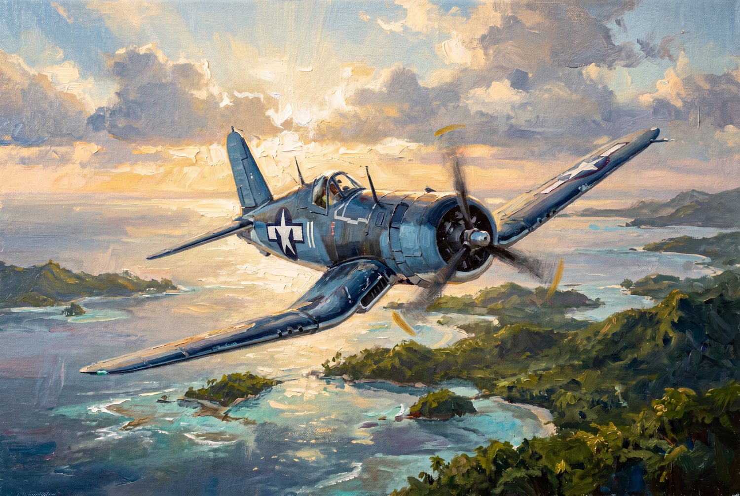 A Black Sheep VMF-214 Corsair banking over the Solomon Islands at golden hour